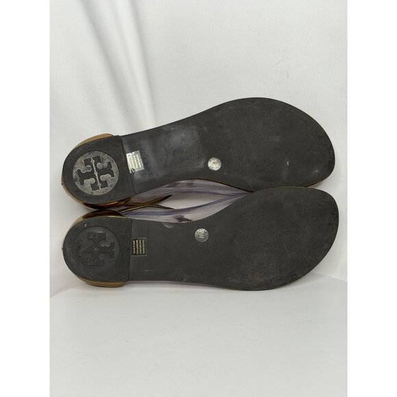Tory Burch Metallic Leather T Strap Thong Sandals US 7.5 Gold Logo Flats - Picture 8 of 9